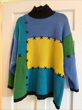 New Frontier Colorblock Cowl Sweater in Blue, Green, Yellow, Teal